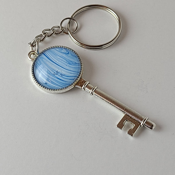 Blue and White Key-Shaped Key Chain