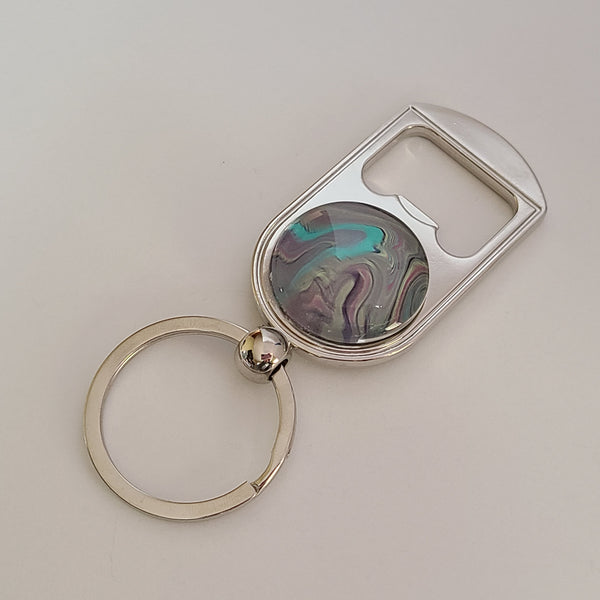 Grey and Multi-Colored Bottle Opener Key Ring