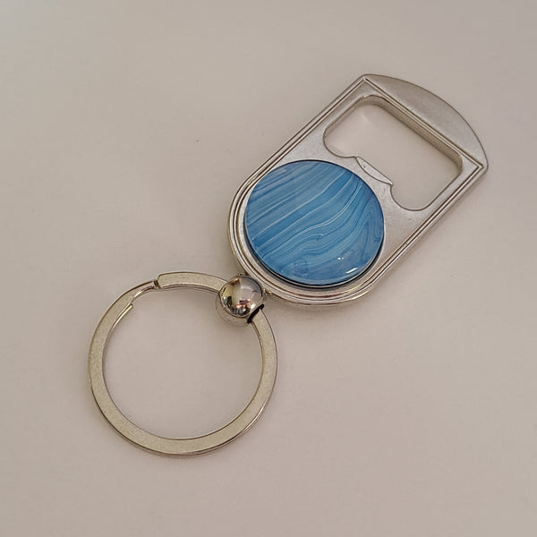 Blue and White Bottle Opener Key Ring