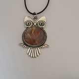 Burgundy, Green, and Gold Round Owl Pendant